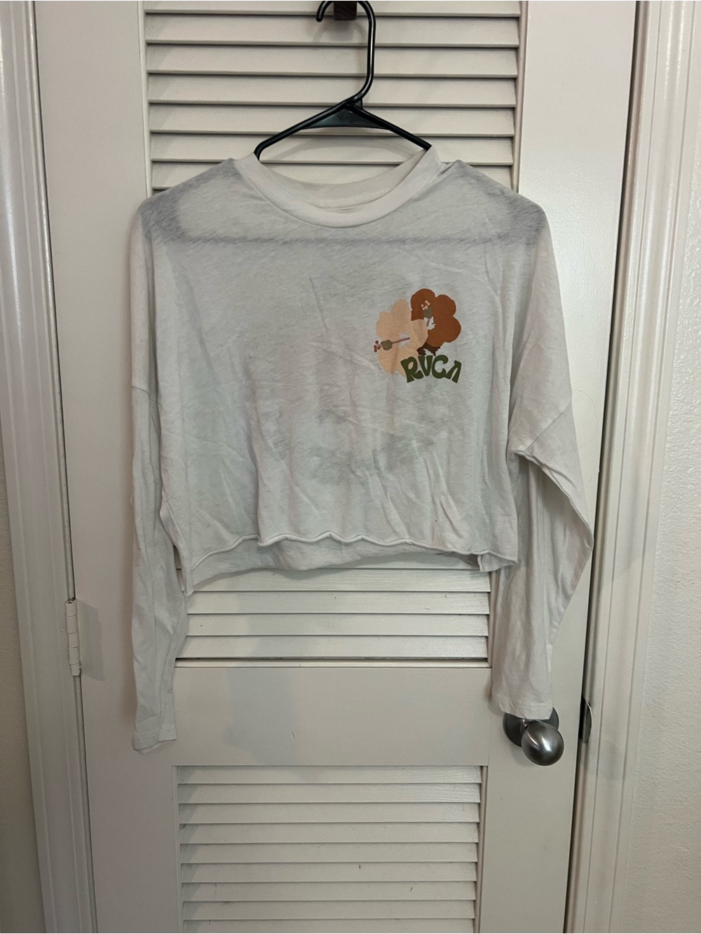 RVCA White Cropped Long Sleeve Tee with Muted Floral Print